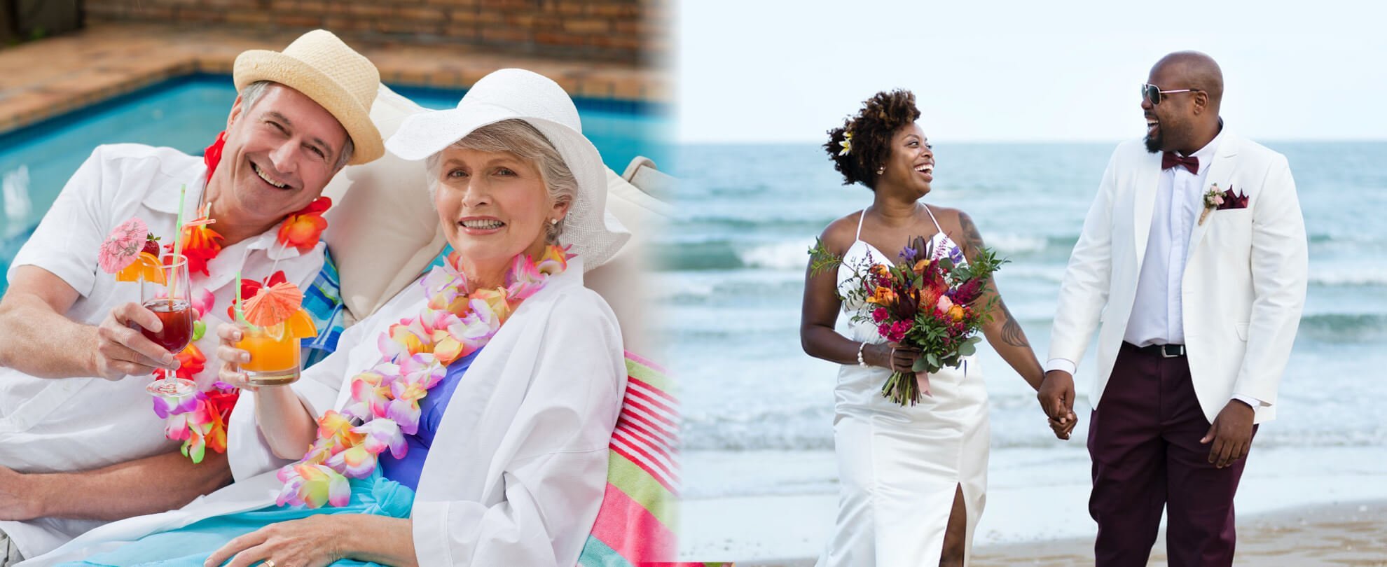 Mature couple with drinks in hand and a wedding couple on the beach holding hands