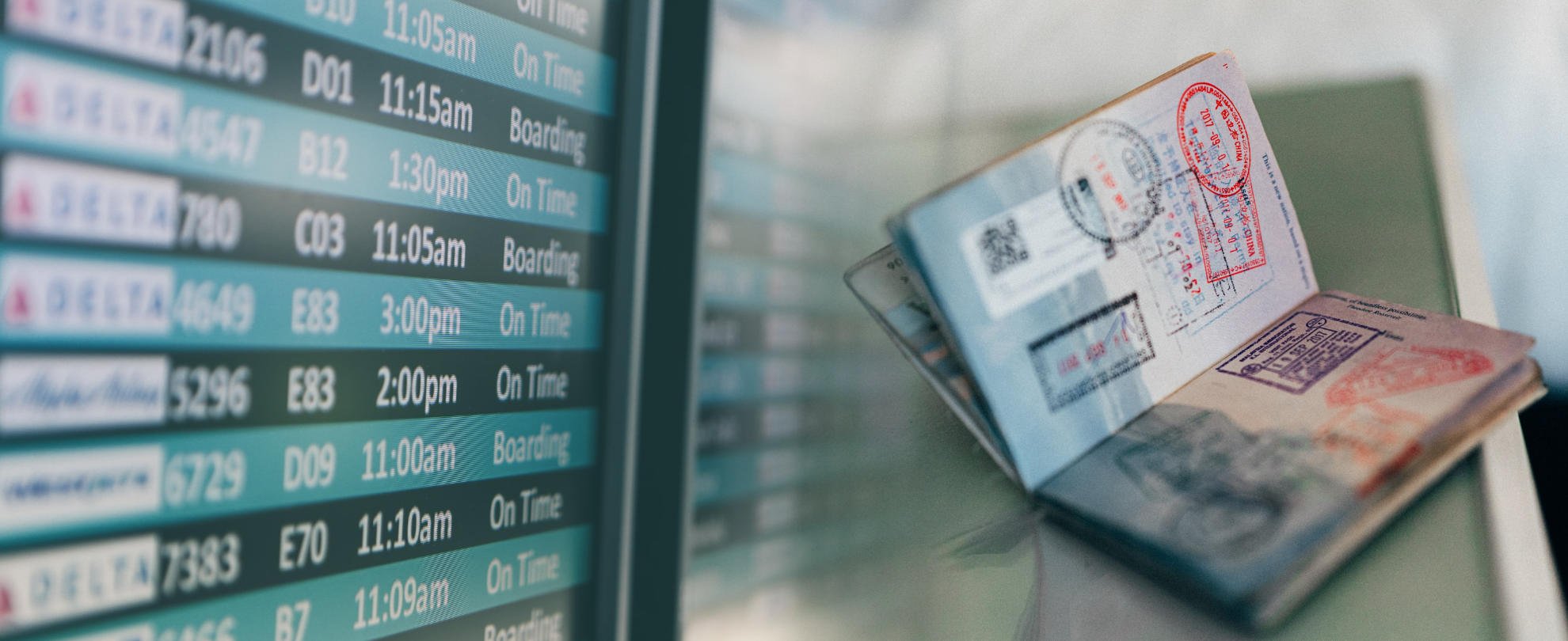 Collage image of an Airport Flight Board and Passort